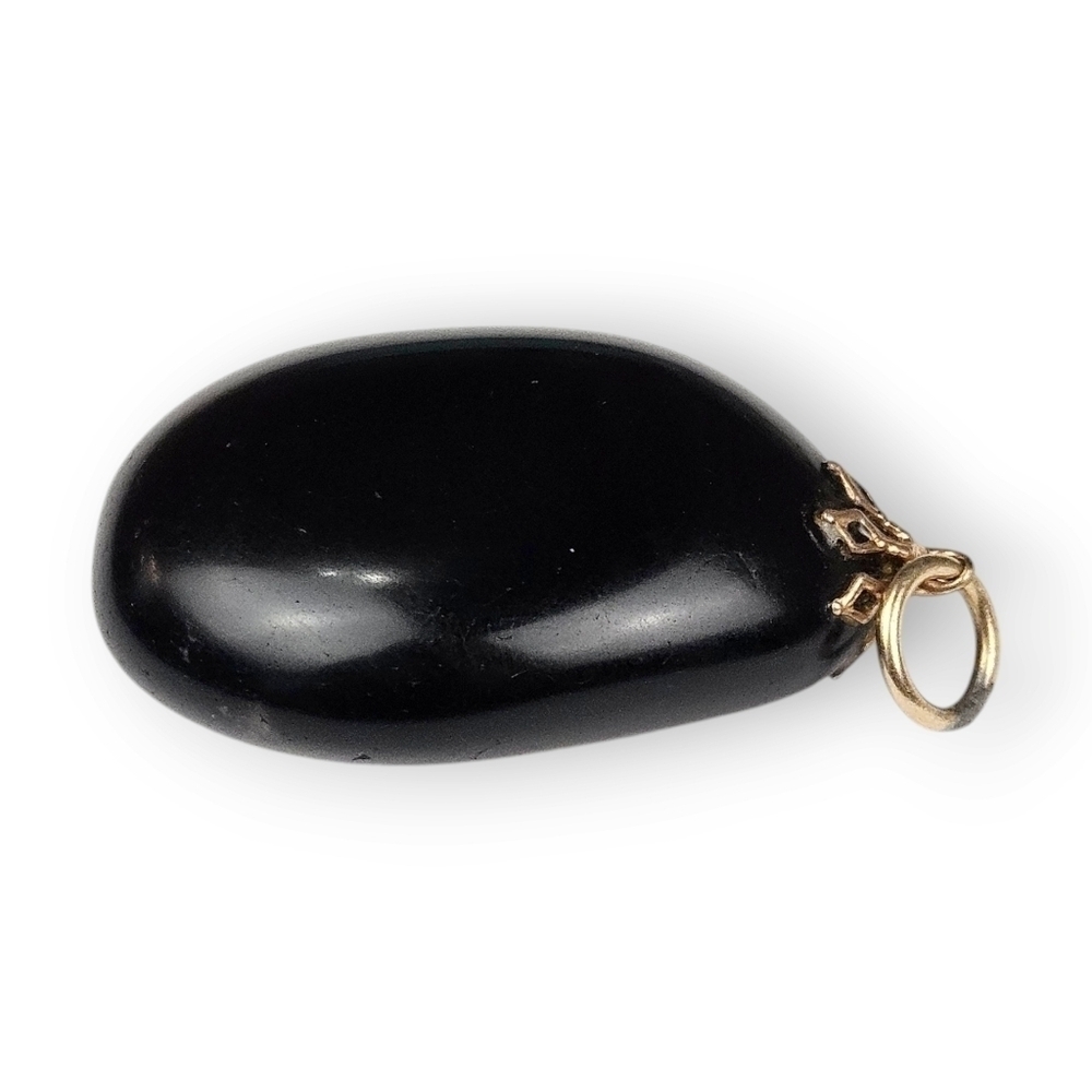 Vintage Black Glass Egg Shaped Necklace Pendant Oval Brass Filigree 2" Long - Picture 4 of 7